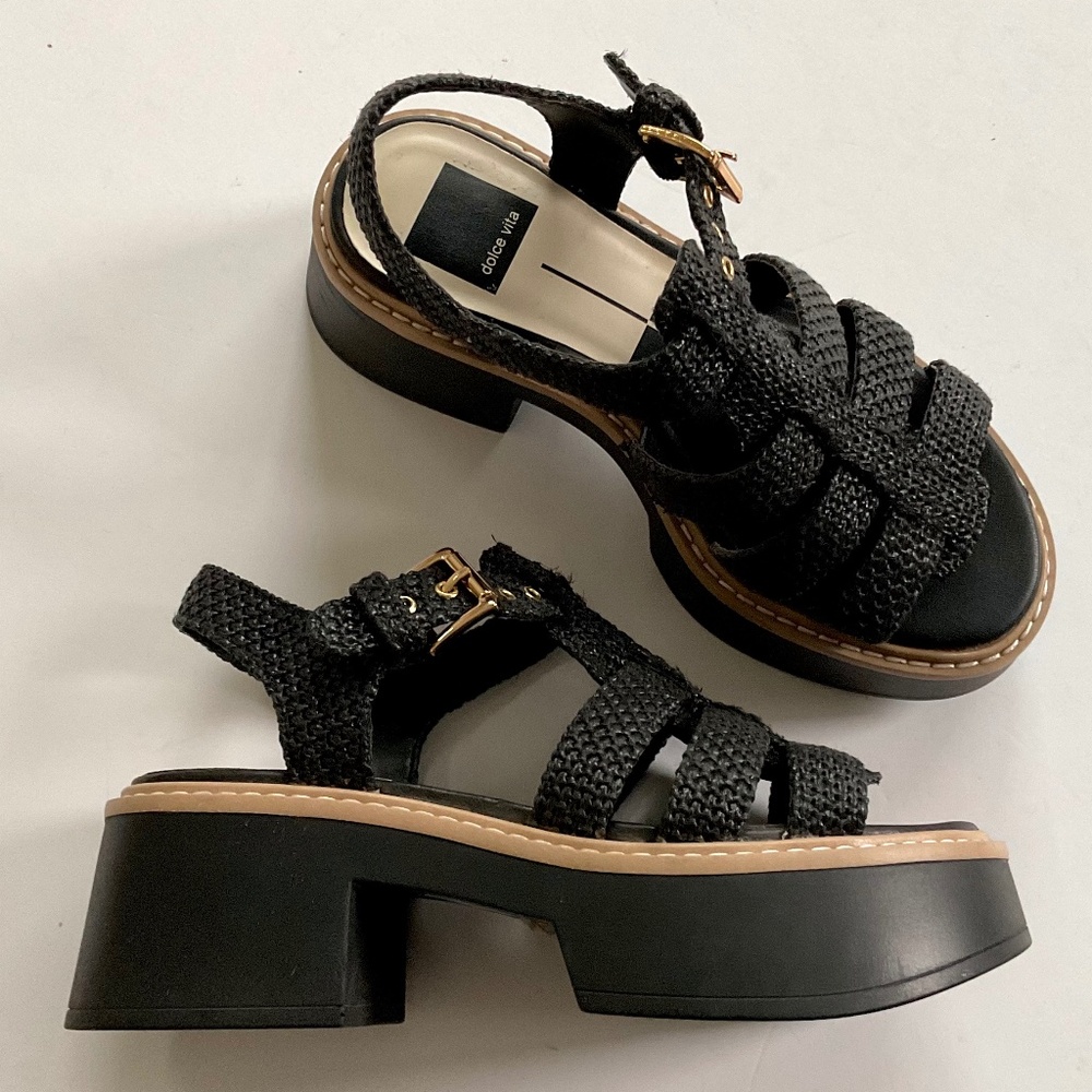 Dolce Vita Black Braided Platform Sandals with Gold Buckle